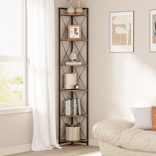 6-Tier Tall Corner Bookshelf, 78-Inch Industrial Metal Storage Display Stand