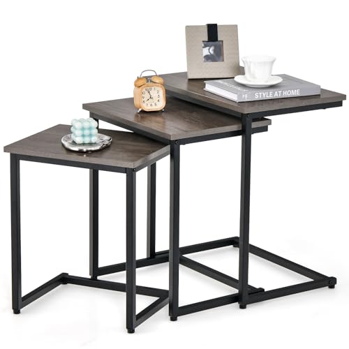 3-Piece Nesting Side Table Set, C-Shaped Wood Top End Tables for Small Spaces