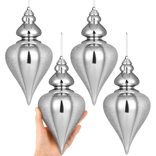 Soulchen 4 Pack 9-Inch Silver Glitter Christmas Ball Ornaments - Finial Drop Decor