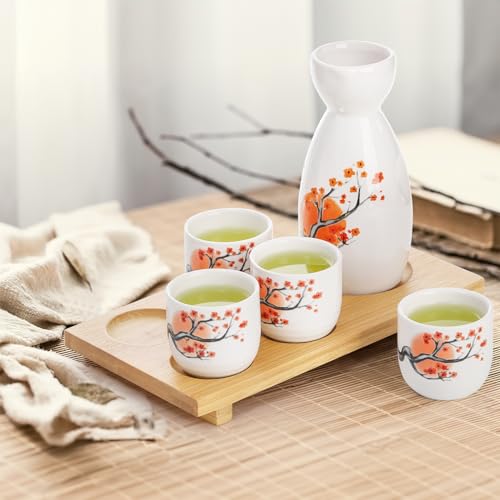 Tosnail 5-Inch Ceramic Japanese Sake Set with Carafe, 4 Cups & Bamboo Tray – Orange Blossom, 1 Serving