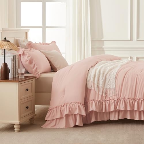 Blush Ruffle Queen Comforter Set - 3 Pieces, Soft Polyester Bedding
