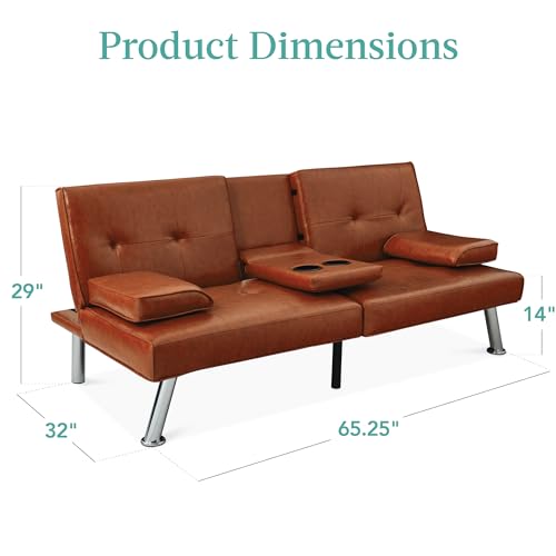 Modern Convertible Faux Leather Futon Sofa Bed with Cupholders