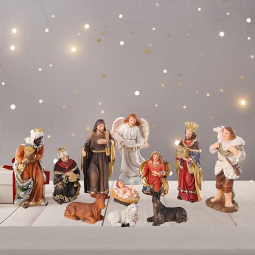 11-Piece Hand-Painted Resin Nativity Set for Christmas Indoor Decor
