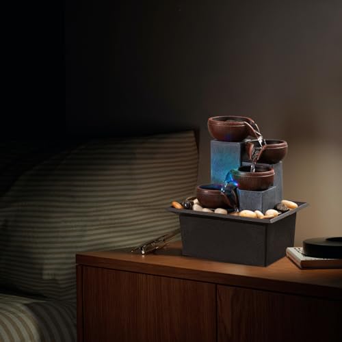 4-Tier Tabletop Indoor Waterfall Fountain with LED Light & River Rocks