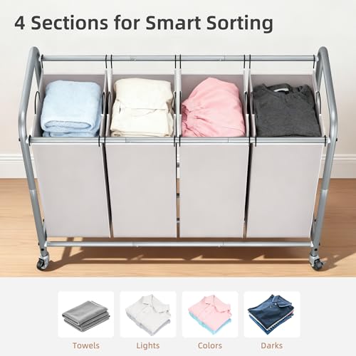 4-Section Laundry Sorter with Wheels, 180L Heavy-Duty Rolling Hamper Cart