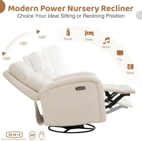 Power Swivel Rocker Recliner Nursery Glider with USB Charging Port