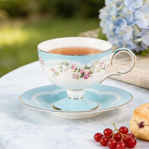 Pink Floral Ceramic Tea Cups Set of 2 with Saucers – Elegant KAMMAK Demitasse Cups