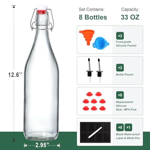 8 Pack 33 oz Swing Top Glass Bottles with Airtight Stopper Lids