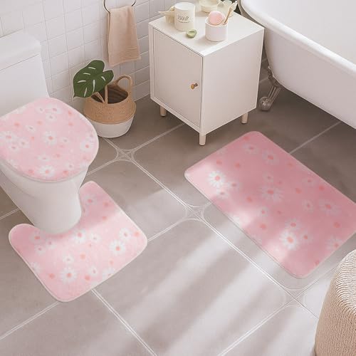 3-Piece Pink Daisy Bathroom Rug Set - Non-Slip Bath Mat & Toilet Lid Cover