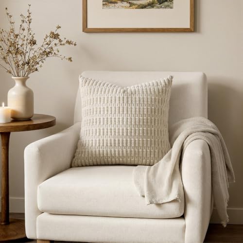 MIULEE Corduroy Throw Pillow Covers 18x18 Cream White Boho Striped 2 Pack