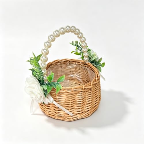 Handwoven Rattan Flower Girl Basket with Pearl Handle and Bow Decoration