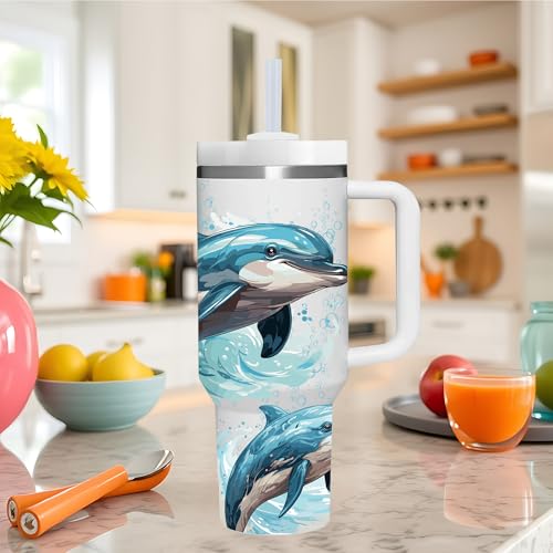 AMZUShome 40 OZ Dolphin Tumbler with Handle - Personalized Dolphin Lover Gift