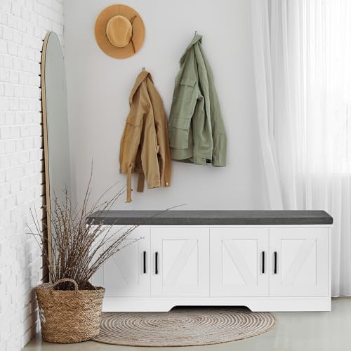 Farmhouse Shoe Storage Bench with 4 Barn Doors and Padded Seat Cushion