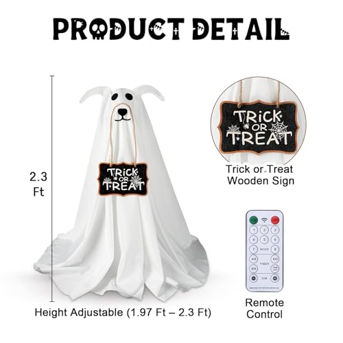 Zesua 2.3 FT Light-Up Ghost Dog Halloween Decoration with Trick or Treat Sign