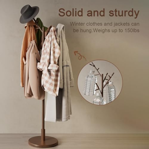 Solid Wood Freestanding Coat Rack with 12 Hooks, Adjustable Height Coat Tree
