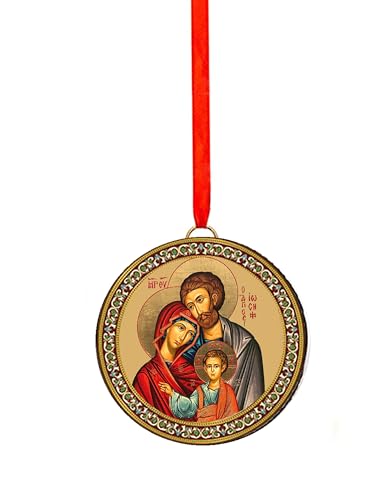 Needzo Holy Family 2-Sided Wooden Christmas Ornament, 2-Inch Orthodox Icon Blessings, Reversible with Red Ribbon