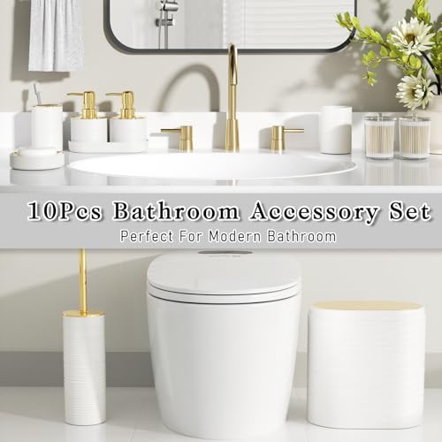 10-Piece Bathroom Accessory Set with Trash Can, White and Gold Organizer