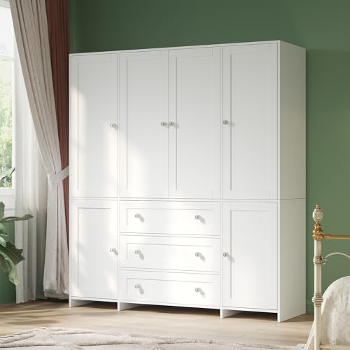 71-Inch Wardrobe Closet with Mirror and Drawers, 6-Door Bedroom Armoire