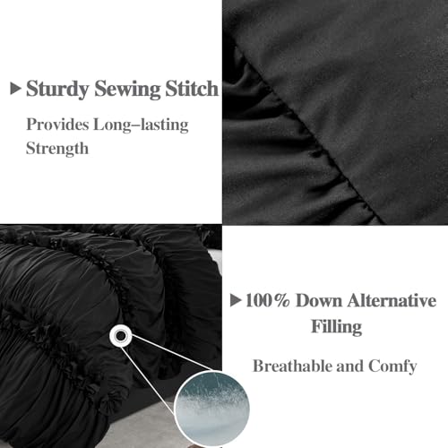 7-Piece Queen Black Ruched Comforter Set with Handmade Bow Ties