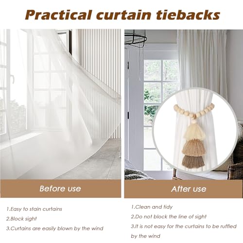 Handmade Boho Magnetic Curtain Tiebacks with Wood Beads, 2 Pack