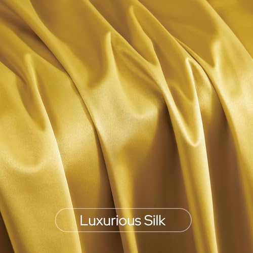 HOMEIDEAS Gold Faux Silk Blackout Curtains 52x84 Inches - Pack of 2, Room Darkening Drapes