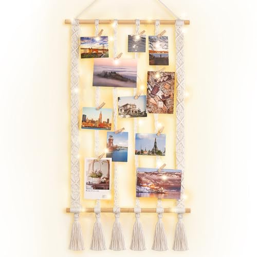 Macrame Wall Hanging Photo Display with LED String Lights & 30 Clips