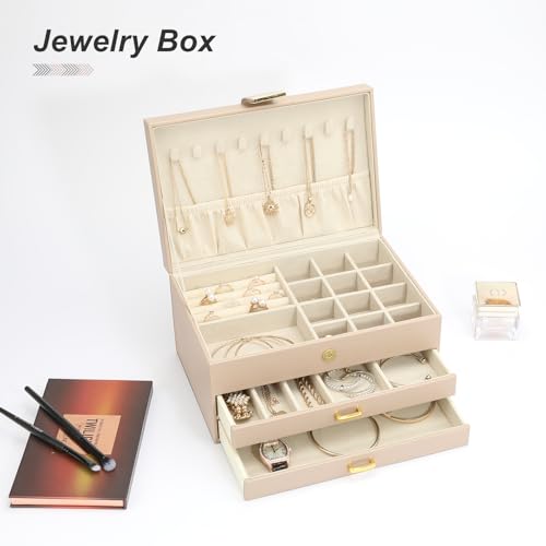 V-LAFUYLIFE Apricot 3-Layer Jewelry Box with 2 Drawers - Large Capacity Organizer