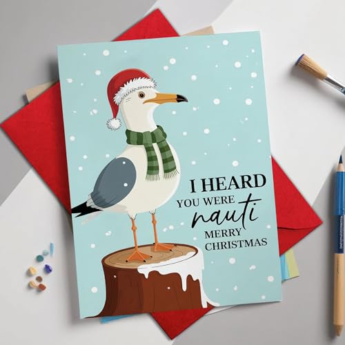 Podagree I Heard You Were Nauti Christmas Card – Funny Nautical Seagull Santa Hat Greeting Card