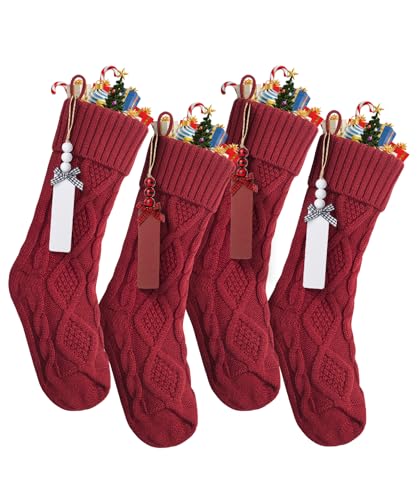 Red 4 Pack Personalized Christmas Stockings with Wooden Name Tags, 18 Inch