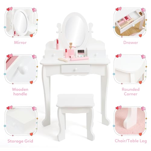 Kids' Vanity Set with Mirror and Stool - Wooden Makeup Table for Girls