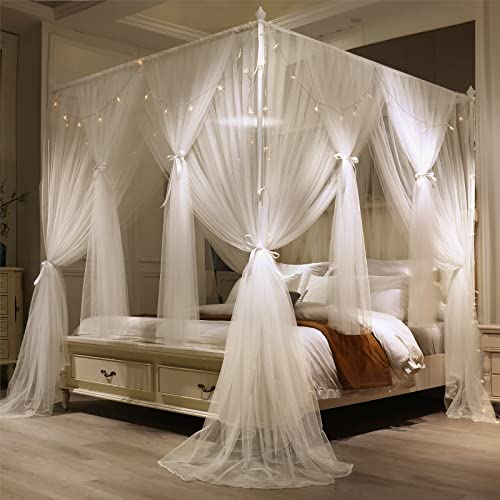 4 Corner Post Bed Canopy Curtain - Double Layer Queen Mosquito Net (White)