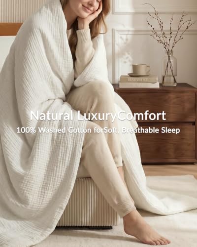 100% Washed Cotton Muslin Duvet Cover Set - 3-Piece Queen Bedding, White