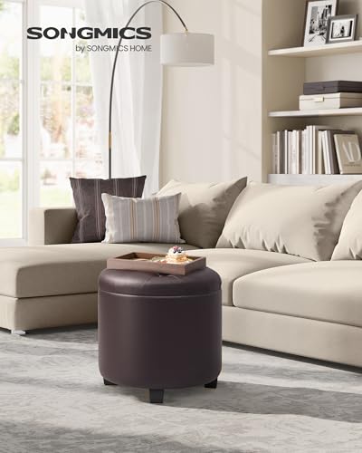 18-Inch Round Storage Ottoman - Tufted Synthetic Leather Footstool