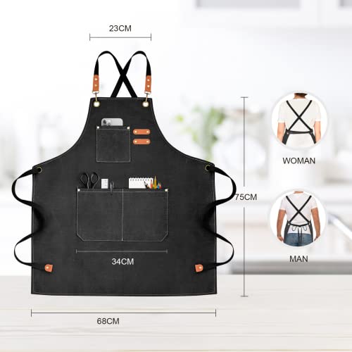 Canvas Chef Apron with 3 Pockets - Cross Back Durable Work Apron
