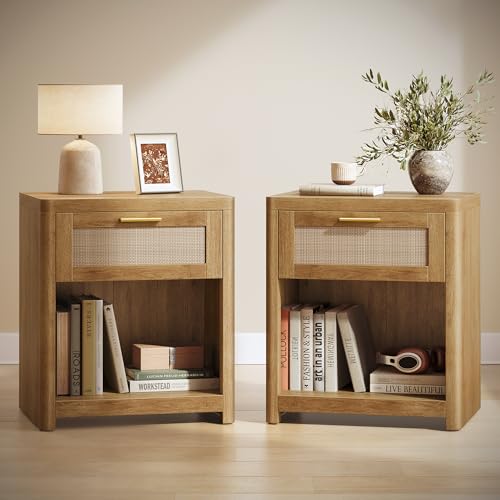 Set of 2 Boho Nightstands with Rattan-Look Drawer and Open Compartment