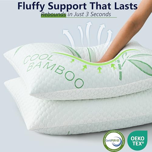 Queen Size Cooling Memory Foam Pillows Set of 2 - Adjustable Firm Bamboo