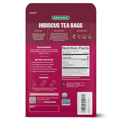 FGO Organic Hibiscus Tea Bags 100 Count Caffeine Free Herbal Tea