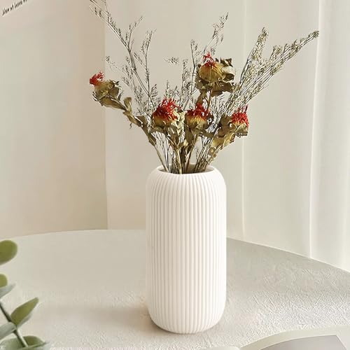 Modern White Ceramic Flower Vase – 8" Small Ribbed Decorative Vase