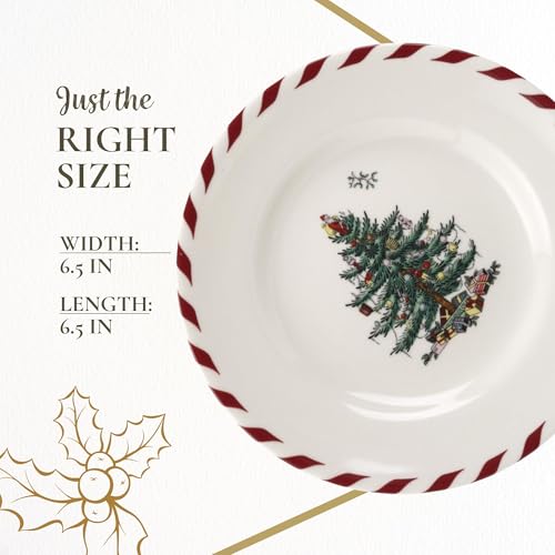 Spode Christmas Tree Canape Plates Set of 4 - Peppermint Border 6.5" Appetizer Plates (Pack of 2)