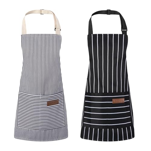 2-Pack Kids Striped Cotton Linen Aprons with Pockets for Cooking & Crafts