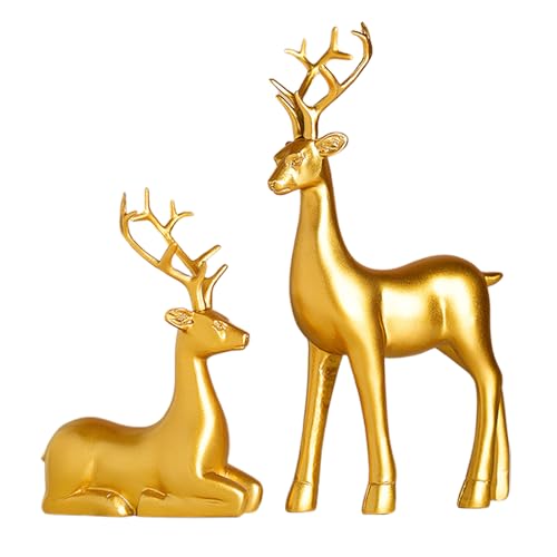 2-Piece Gold Reindeer Statue Set - Modern Resin Elk Holiday Home Decor