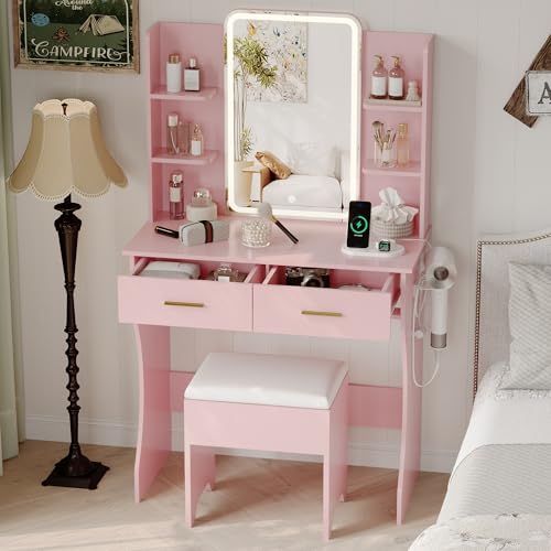 Small Vanity Desk with LED Mirror, Charging Station, and Storage Stool