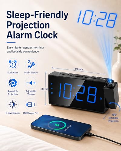 Projection Alarm Clock with 7" Blue LED Display and USB Charging Port