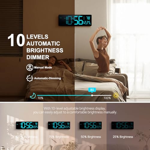 16" Large Digital Wall Clock with Remote Control - 11 RGB Colors & Night Light
