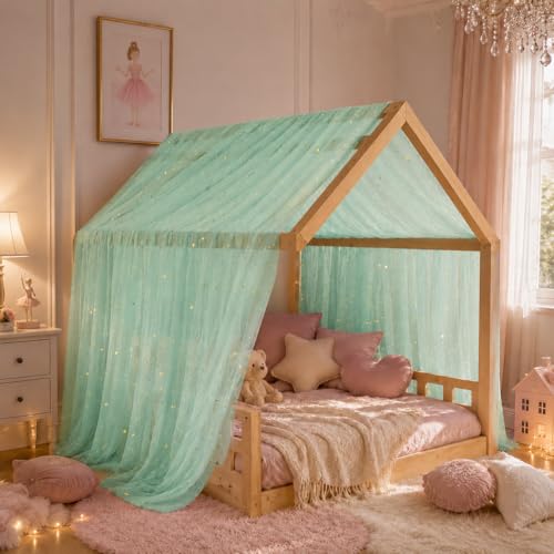 Green Star and Moon Bed Canopy Tulle Curtain for Girls Room, 60x158 Inch