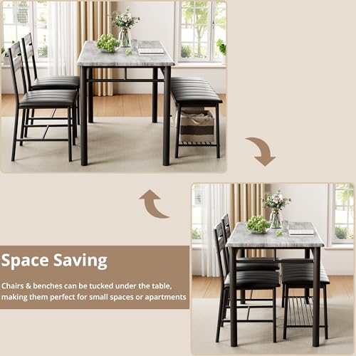 4-Piece Dining Table Set with Upholstered Bench and 2 Chairs, Gray