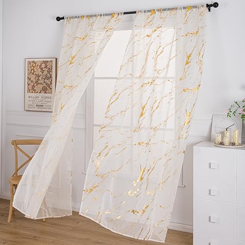 Gold & Cream Sheer Curtains 52 x 96 Inches, Metallic Marble Window Panel, Pack of 2