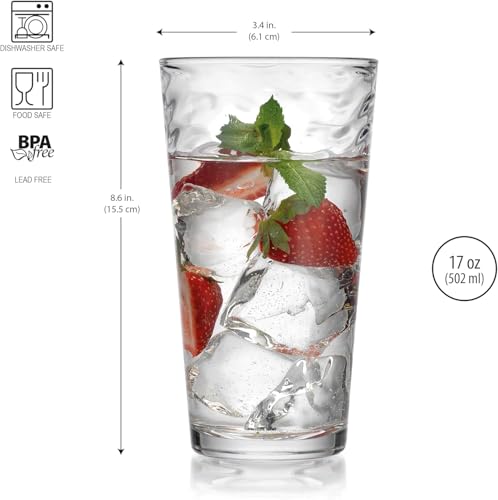 Glaver's 17 oz Hammered Glass Cocktail Set of 6 - Elegant Tall Drinking Glasses
