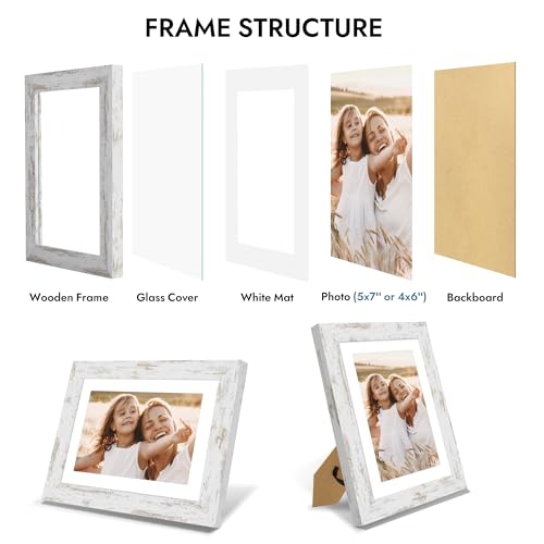Hongkee Distressed White Wooden 5x7 Picture Frame with Glass for Wall and Tabletop