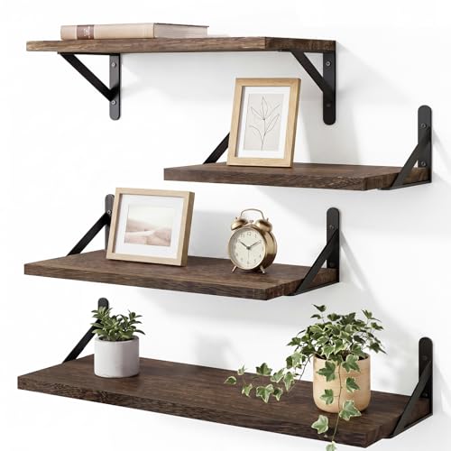 4-Piece Rustic Floating Wall Shelves, Carbonized Wood Storage Display Set